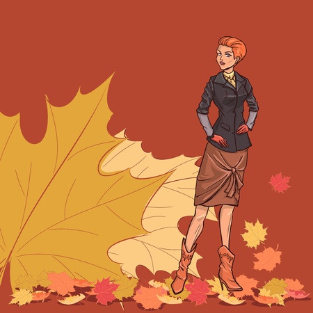 30768281 - going slender young beautiful lady with short red hair in full length. girl is dressed in autumn clothes - dress, jacket,skirt, boots. background with autumn leaves. color vector.